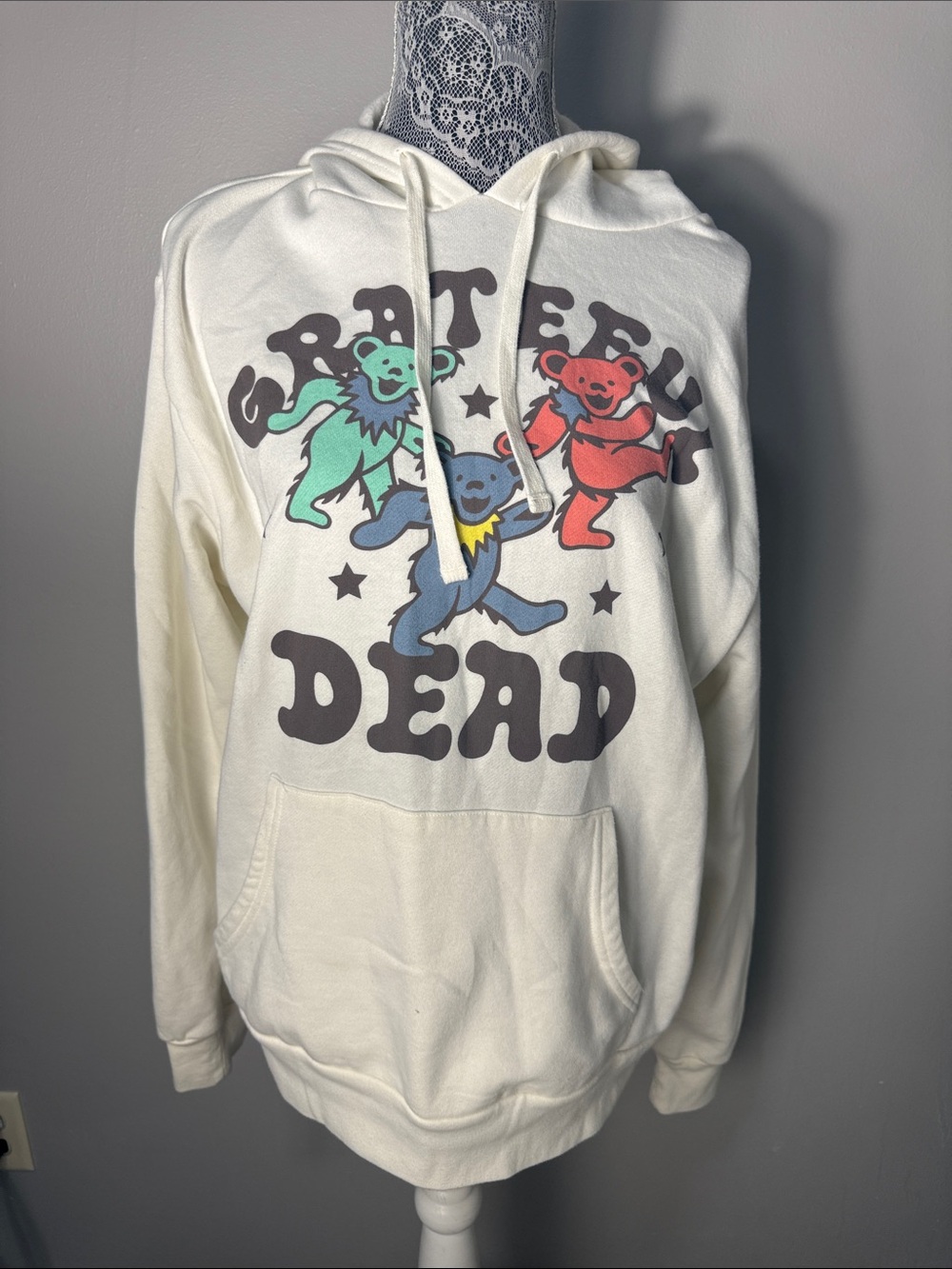 Grateful Dead Cream Hoodie with Multicolor Dancing Bears Graphic